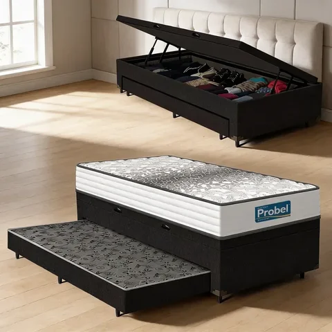 Cama Box Baú com Colchão de Molas Ensacadas Double Face Essence Probel + Auxiliar Solteiro 88cm