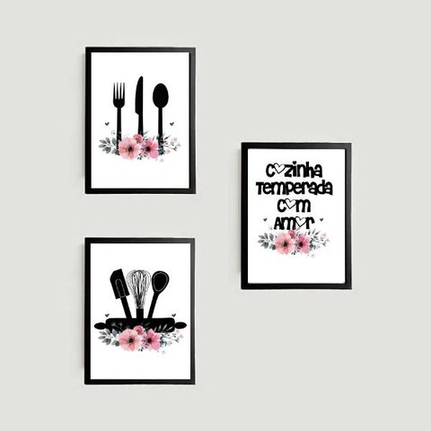 Kit 3 Quadros Cozinha Temperada com Amor 24x18cm - com vidro:Madeira branca