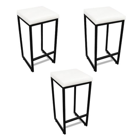 Banqueta Alta para Cozinha Industrial Kit 3 Nick Preto e Sintético branco D03 - D’Rossi