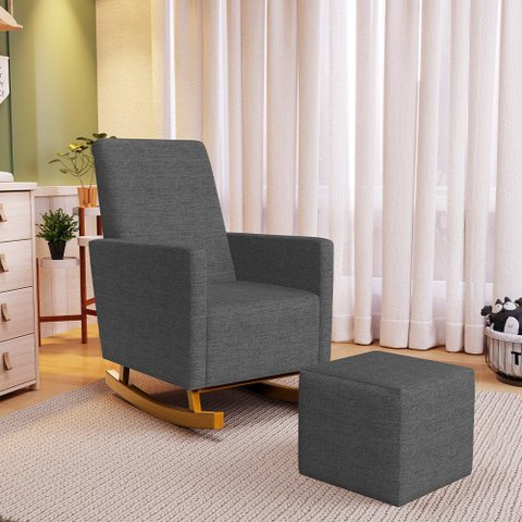 Poltrona de Amamentação com Balanço e Puff Ravena W01 Linho Cinza Escuro - Lyam Decor