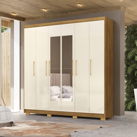 Guarda Roupa Casal Madesa 6 Portas 2 com Espelhos Bater 6 Gavetas com Cabideiros Mdf Nature/offwhite