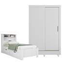 Ver imagem 1 de Cama Solteiro com Gavetas Invicta com Guarda Roupa Belgica Branco Brilho - Santos Andirá