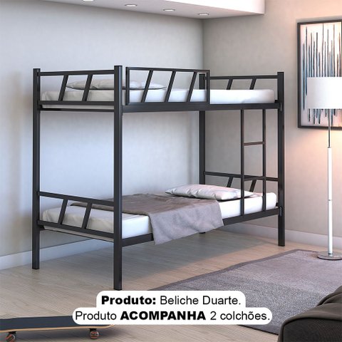 Beliche Duarte Solteiro 100% Ferro Reforçado Industrial com Escada Grade e 2 Colchões - Preto