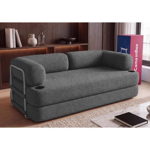 Sofá Cama Orbe 1,90m Xpand Tech Tecido Boucle Cinza Escuro Cama Inbox