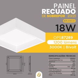 Painel Recuado de Sobrepor Quadrado 18w 21x21cm Branco Led 3000k Luz Quente - 3