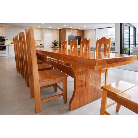 Conjunto Mesa Rústica Angelim Tampo (300cm X 85cm X 6cm) com 10 Cadeiras Rústicas de Madeira Maciça