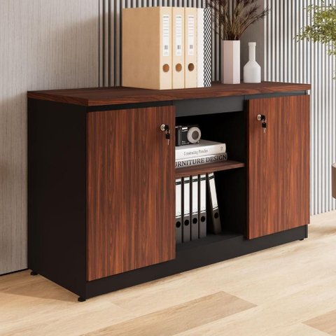 Armário Baixo Escritório 2 Portas 3 Prateleiras MDP 120cm Louro Preto F5 Office