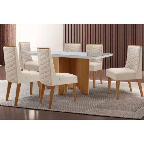 Conjunto: Mesa Sala Jantar Nevada c/ Tampo Madeirado c/ Vidro Canto Curvo 180x90cm e 6 Cadeiras
