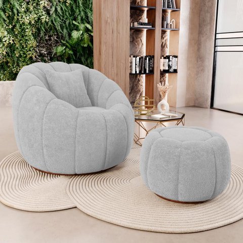 Poltrona Decorativa Concha Giratória com Puff Estilo Abóbora Shell Bouclê Cinza Claro - Desk Design