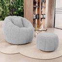 Ver imagem 1 de Poltrona Decorativa Concha Giratória com Puff Estilo Abóbora Shell Bouclê Cinza Claro - Desk Design