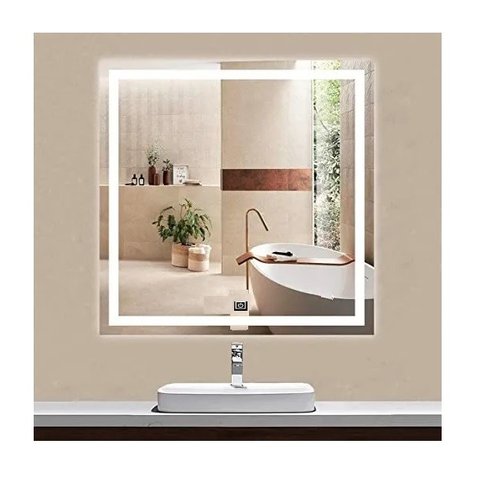 Espelho Jateado Quadrado Iluminado com Led Frio e Touch 70x70cm