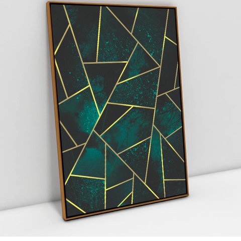 Quadro Decorativo em Canvas Geométrico Mosaico Verde TaColado Moldura Flutuante 4,5cm Freijó 120 x 8