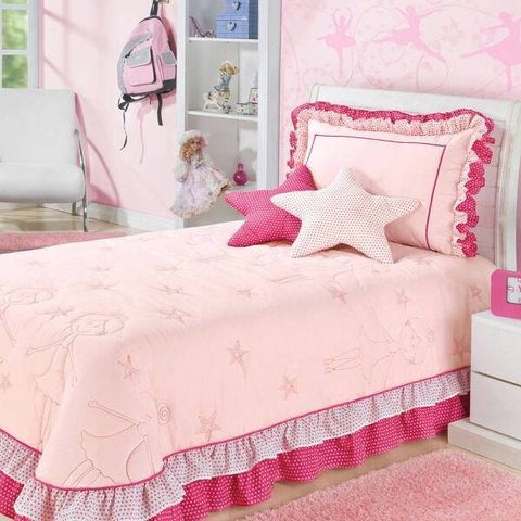 Kit Colcha Solteiro Infantil Bailarina Bordada 4 Peças Rosa