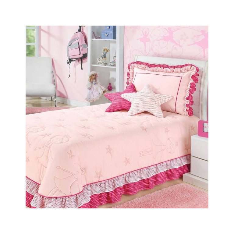 Kit Colcha Solteiro Infantil Bailarina Bordada 4 Peças Rosa