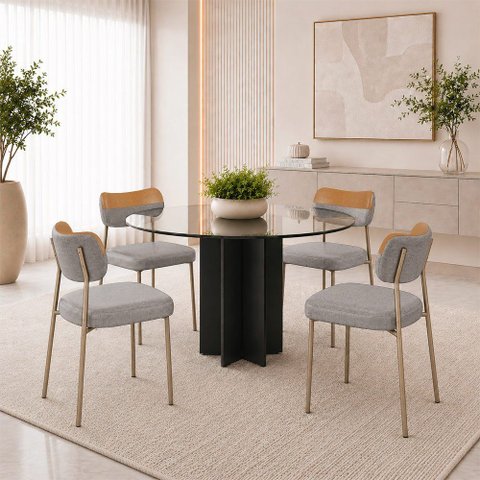 Kit 4 Cadeiras Sala de Jantar Lisa Pés Champanhe Linho/PU Cinza/Caramelo m² - Monari Design
