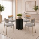 Ver imagem 1 de Kit 4 Cadeiras Sala de Jantar Lisa Pés Champanhe Linho/PU Cinza/Caramelo m² - Monari Design