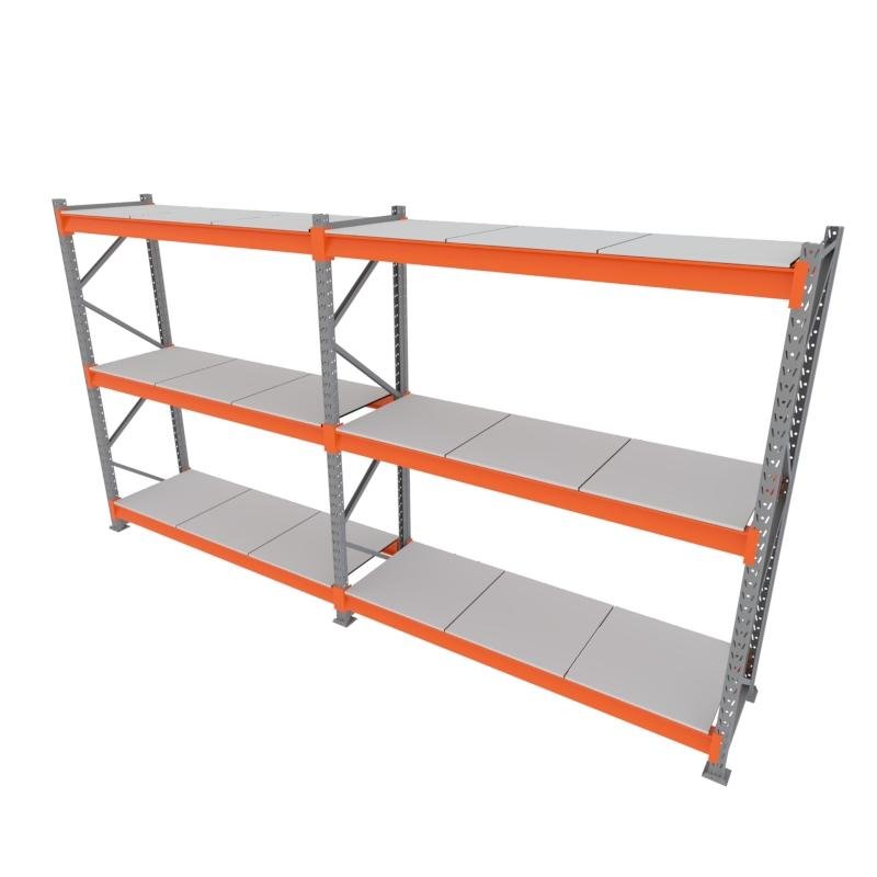 Gondola 2 mini porta pallet 250 kg 180x200x60 (CxLxP) cinza com laranja bandejas mdf branco