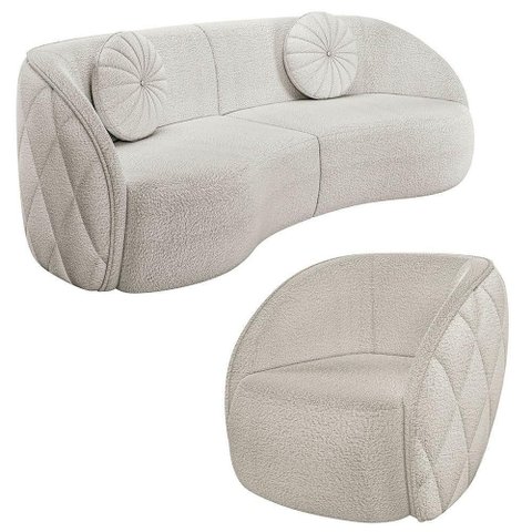Sofá Decorativo 3 Lugares 288cm com Almofadas e Poltrona Zion M22 Boucle Branco - Mpozenato