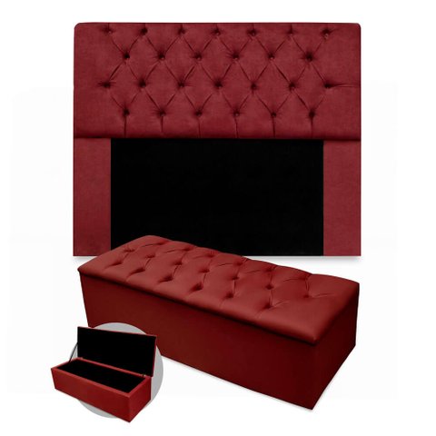 Kit Cabeceira + Calçadeira Baú Mirage Queen Size 160cm Suede - Ecotec Decor:Vinho