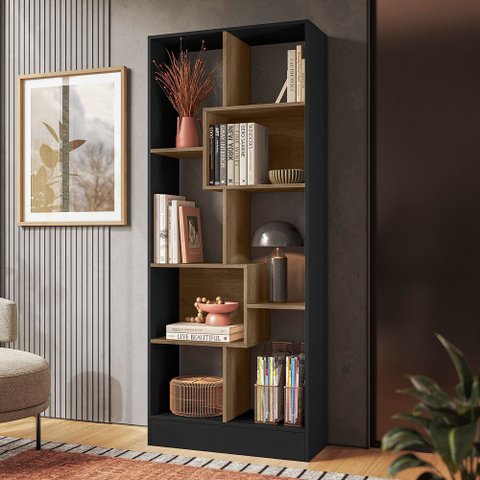 Estante Livreiro com 8 Nichos Preto Carvalho Qmovi