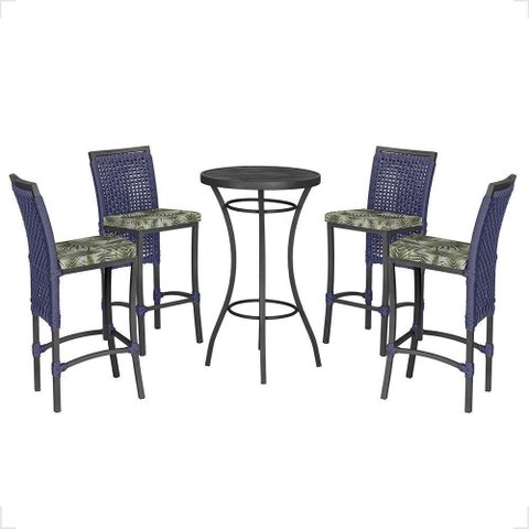 Mesa Bistrô e 4 Banquetas Roma Preta Corda Estofado 5 Trama Azul