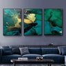 Conjunto com 3 quadros abstratos Marmorizados Verde Escuro com tons de dourado.:0,70 X 0,90/BRANCA - 2