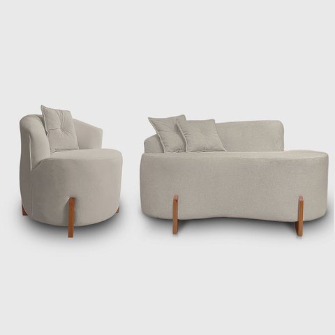 Kit Sofá Orgânico Feijão com Poltrona Pé de Madeira Bouclé Minimalista