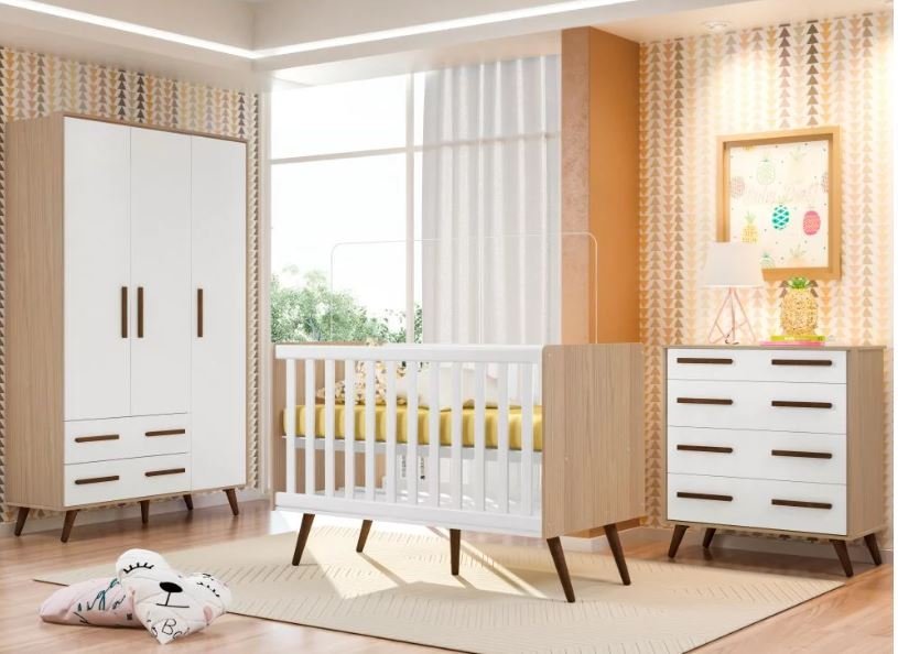 Kit Quarto De Bebê Retro Carvalho Rustico/ Branco - Qmovi | MadeiraMadeira