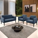 Ver imagem 2 de Sofá Namoradeira e 2 Poltronas Base Madeira Preto Maressa Suede Azul Marinho - Ibiza