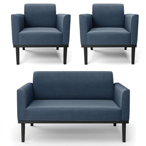 Sofá Namoradeira e 2 Poltronas Base Madeira Preto Maressa Suede Azul Marinho - Ibiza