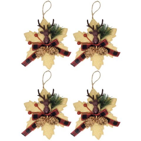 Kit 4 Flores Bico de Papagaio Pendente Tecido Decorado Bege Rena e Pinhas 14cm - Master Christmas