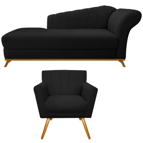 Kit Diva Recamier Vanessa 185cm Lado Esquerdo e 01 Poltrona Laura Suede Adj Decor Preto