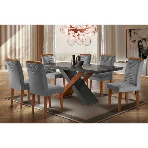Conjunto: Mesa Sala Jantar Imperatriz Tampo Madeirado C/ Vidro Reto 180x90 e 6 Cadeiras Amsterdã