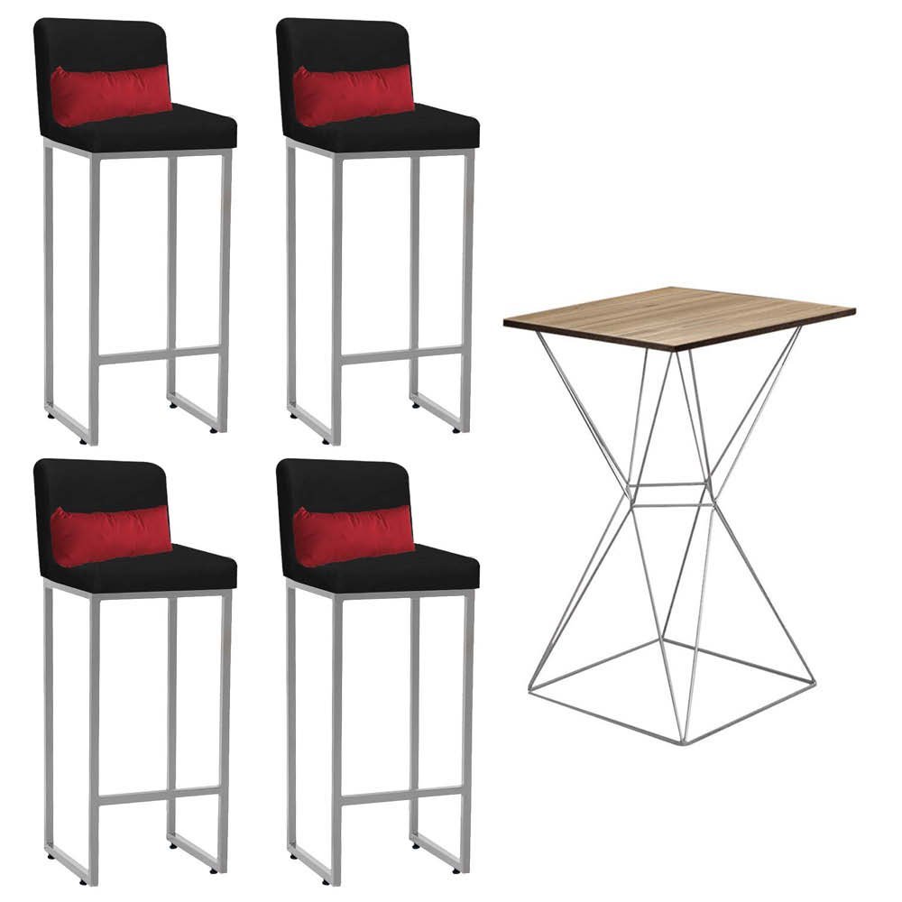 Kit Mesa Bistrô Lucca e 4 Banqueta Lucca Tampo Castanho Ferro Cinza Corino Preto e Almofada Vermelho - 1
