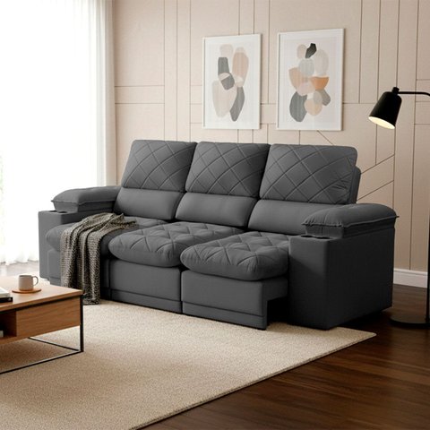 Sofá Veneza 2,40m Retrátil Reclinável Grafite USB e Porta Copos - King House