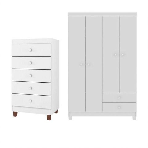 Guarda Roupa Infantil 4 Portas com Cômoda 5 Gavetas Branco
