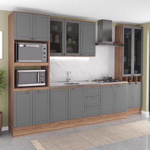 Cozinha Completa Milla Calm 15 Portas 3 Gavetas MDF MDP 340cm Nogal e Cinza Titânio Móveis Carraro