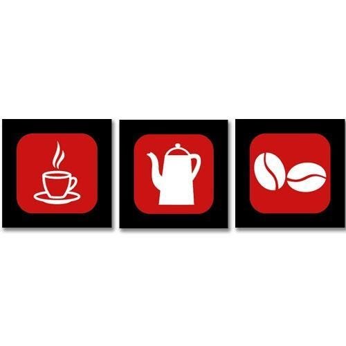 Kit de quadros decorativos em MDF tipo copa e cozinha - Café - Preto, vermelho e branco - 2