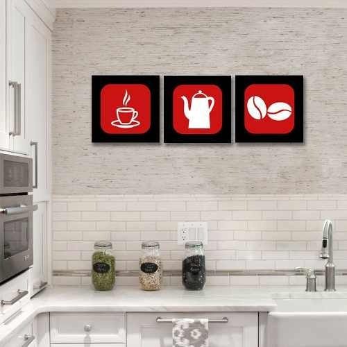 Kit de quadros decorativos em MDF tipo copa e cozinha - Café - Preto, vermelho e branco - 1