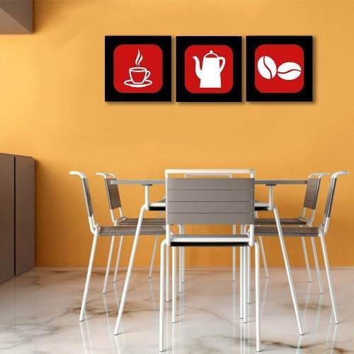 Kit de quadros decorativos em MDF tipo copa e cozinha - Café - Preto, vermelho e branco - 3