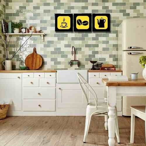 Kit de quadros decorativos em MDF tipo copa e cozinha - Café - Preto e amarelo - 1