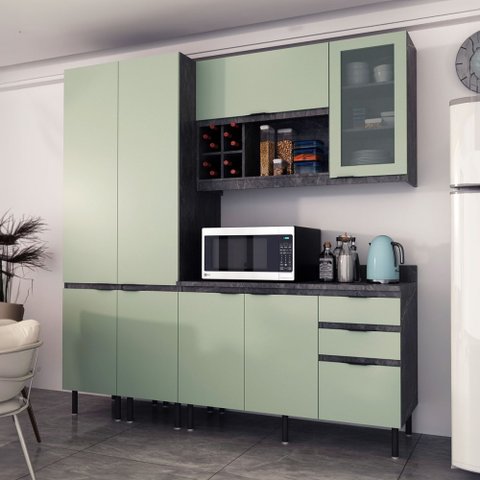 Cozinha Compacta Margarida 8 Portas e 3 Gavetas com Divisor de Talheres Mármore Lunar/verde Mar - Te