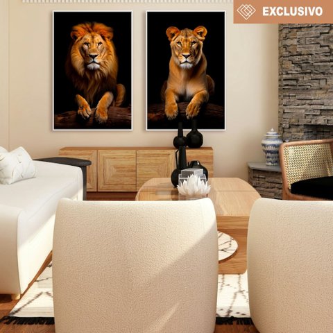 2 Quadros Decorativos Leão e Leoa no Tronco Sala Quarto Casa Escritório