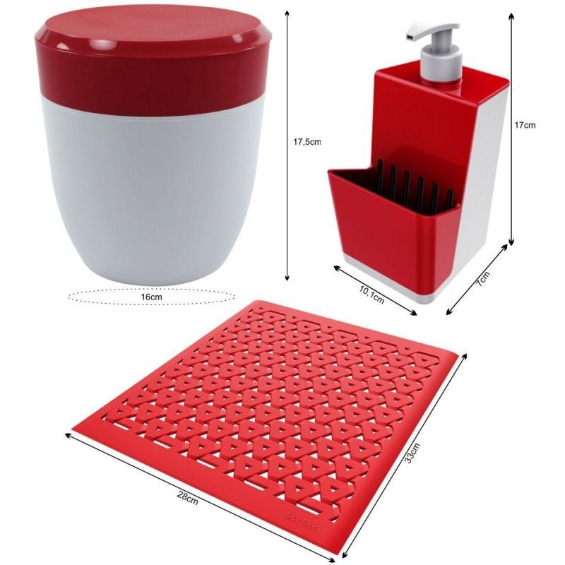 Kit Lixeirinha Dispenser Detergente Grade de Pia Cozinha - Cores - Vermelho - 3