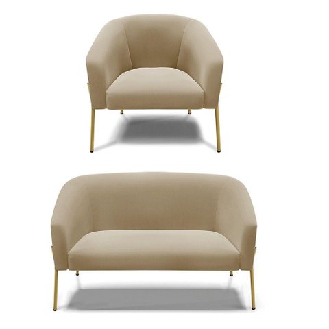 Sofá Namoradeira e Poltrona Pé de Ferro Dourado Stella Suede D03 - D'Rossi Cor Marrom Rato