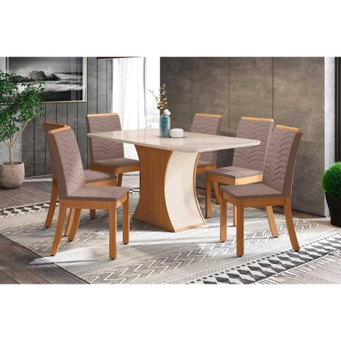 Sala de Jantar Completa Luiza C/ Tampo de Vidro 160x90cm e 6 Cadeiras Isa Nature/off White - Suede