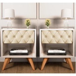 Conjunto 2 Mesa de Cabeceira Glamur Vitoria Decor Pé Madeira Gaveta Estofada Corredica Telescopica-j - 1