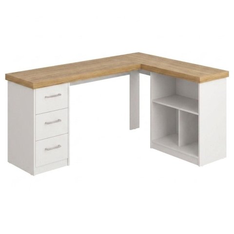 Mesa Escrivaninha Escritorio em L 3 Nichos 3 Gavetas 154x116 cm Olmo Branco Artany