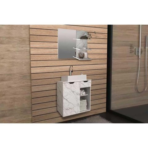 Conjunto de Banheiro Armário C- Espelho Bn3608 e Balcão Suspenso Bn3605 C- Cuba Pia Bn3600 60cm