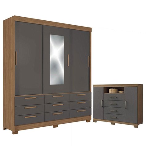 Guarda Roupa Casal 3 Portas 9 Gavetas Morretes com Espelho e Cômoda Havana Master com Pés Jatobá Gra